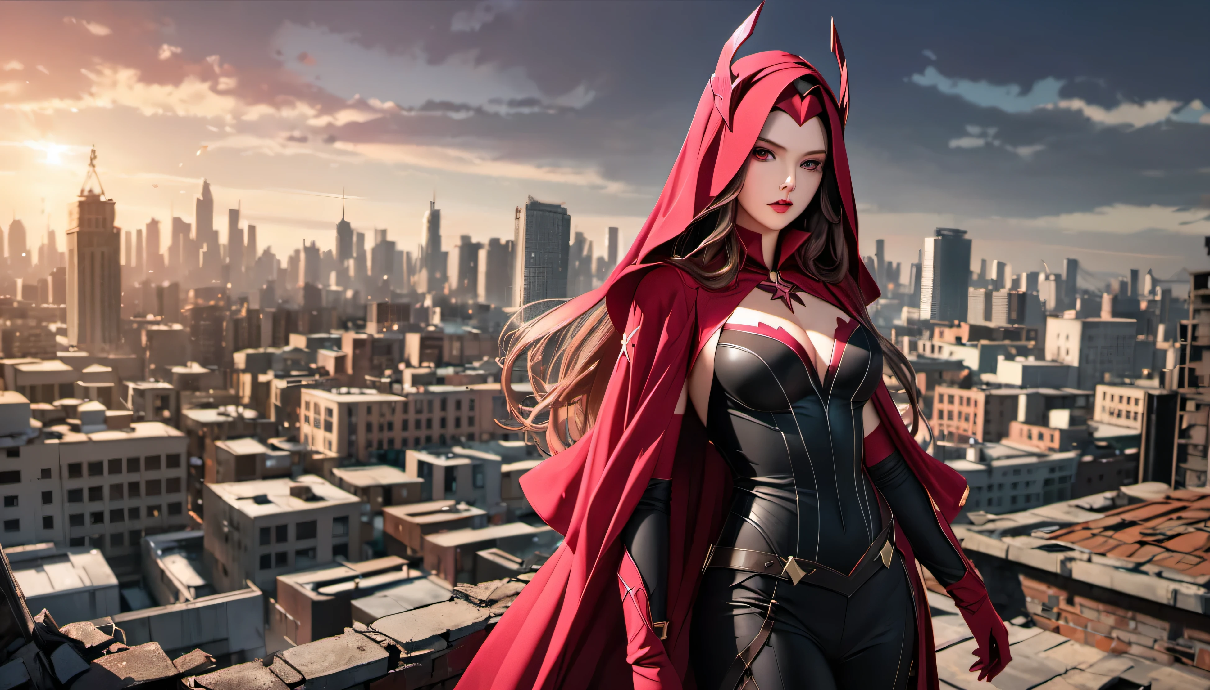 1 girl, Scarlet Witch 8k, sexy, masterpiece, best quality, ultra-detailed, depth of field, Scarlet Witch costume, marvel, strong pose, graceful, heroic, destroyed cityscape background, saturated colors, studio lighting.