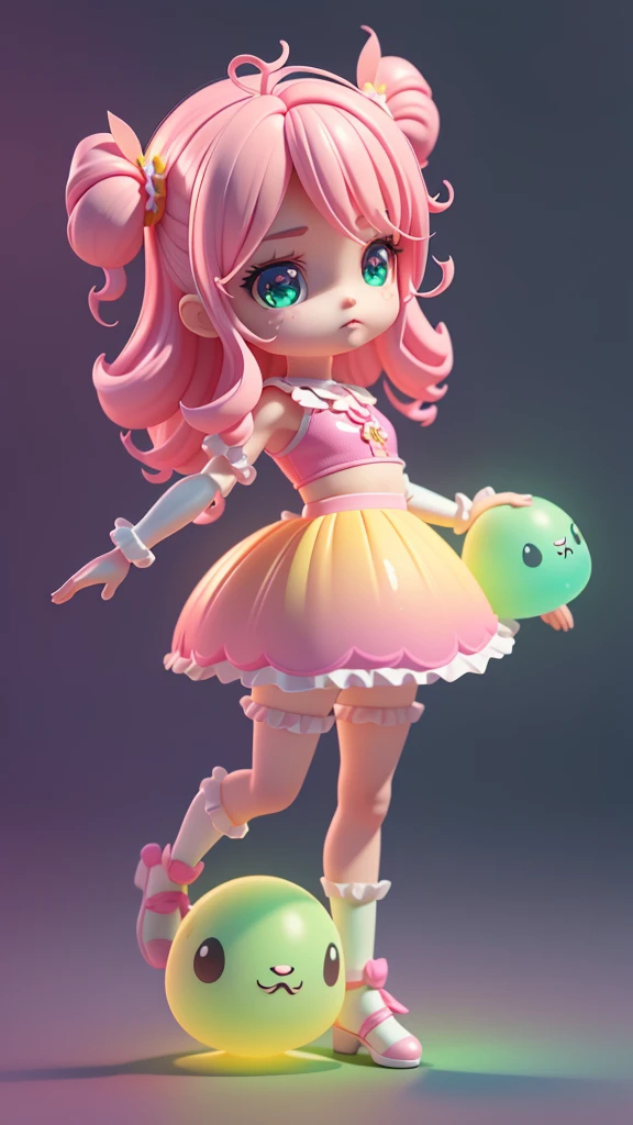 Detailed plastic materials, ((same characters, front, side, Back)) best quality, (Very detailed model), (best quality), octane rendering, Ray tracing, Very detailed, 3D toys , Exaggerated huge hair, (whole body) (3D hair, cute hair accessories, ((children)), beautiful eyes, Cute big eyes, cute face, Pink and green gradient, Drum skirt, cute skirt, Chibu, Fluorescent translucent, rich and colorful, plastic, children, transparent, product design, glow jelly, exquisite and cute plastic, Beautiful light and shadow 3D, The art of math, translucent plastic bubble gum, close up, 3d, Super detailed, generate front view, side view, Rear view three views , 无side界的, C4D, octane rendering, mixer, HD, whole body, simple Background! - V6