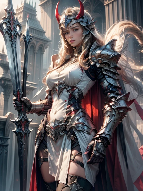 Photorealistic image ((Masterpiece)), ((high quality)) UHD 8K, of a real Viking goddess, Gnna, strong, slim body, skinny waist, model tall, full body, (long blonde hair), (blue eyes), (((Hyper-realistic fantasy full armor, with ivory red metal and intricate details))), (((helmet with large horns))), ((long fur cape)), ((two-pronged fantasy spear)), (in guardian position, fantastic palace of gold ), Photo realistic, Natural lighting, professional DSLR camera., mecha, robot,