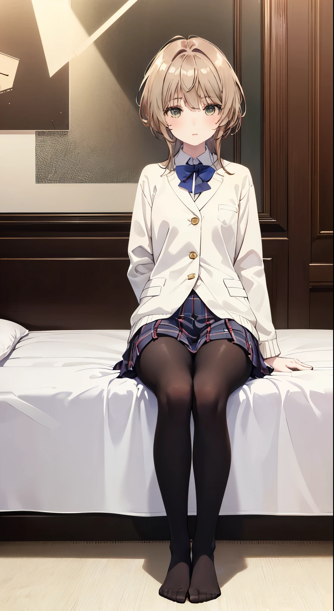 finest, masterpiece, High resolution, (Full body diagram from head to toe), Composition from the front and slightly below, Symmetric, 18-year-old, Slim and beautiful girl, alone, (small breasts), (not wearing shoes),Unkempt brown hair, bangs, (black tights), (black pantyhose), (Sit on the floor with your legs open), (Spread-legged pose on bed), Both arms are tied behind one&#39;s back, (Composition showing white panties), (Her legs were spread、I can see white pants.), blush, shy big eyes, looking at camera, blazer uniform, plaid pleated skirt