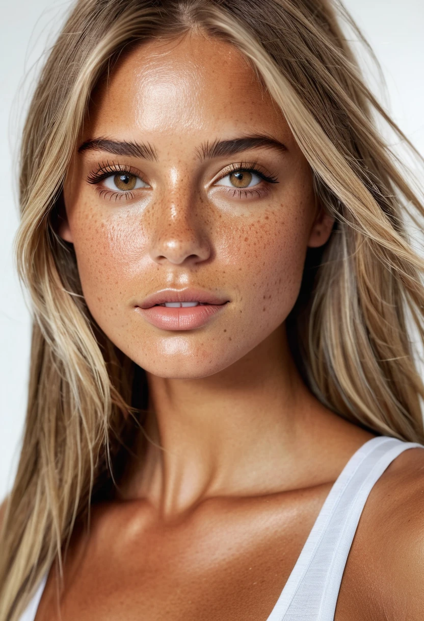 Supermodel, Brazilian, tanned, brown eyes, half body shot, long dark blonde hair, white background, beautiful , natural beauty, no makeup, model, 4K, realistic, natural, textured skin, freckles on nose, black tank top