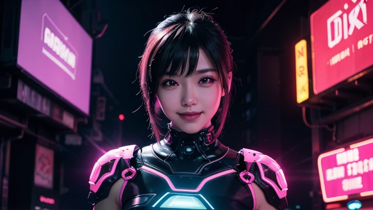 4K,1 girl,A charming smile, ライトブルー neon ,A female android is dancing, cyber punk, club music,dim lighting,cinematic lighting, neon signs,fc portrait, neon,cyber punk, futuristic ,EDM,Club Music,