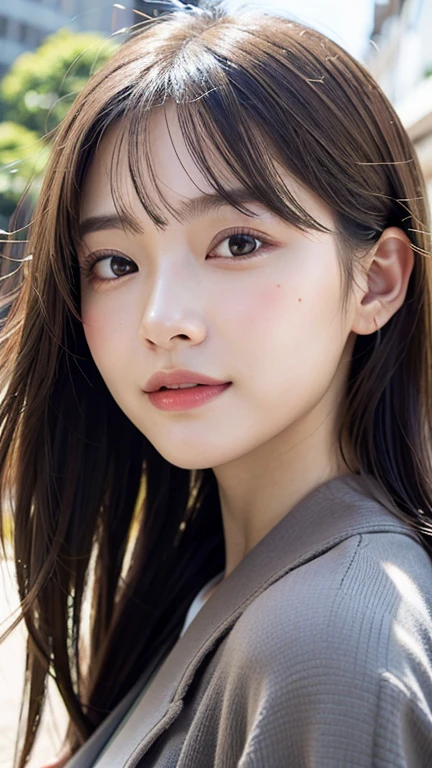 With the alleys of Kyoto in the background、18 year old girl、independent、facing forward、Light eye makeup、brown hair color、Flat 、hair blowing in the wind、quality of actress、shiny, super realistic face、smileの表情、Moist eyes、look up、calming lighting effect、 ultra-realistic capture、very detailed、High resolution 16K close-up of human skin。Skin texture must be natural、Must be detailed enough to see pores、skin is healthy、Must be even tone、Use natural light and color、High quality photos taken by a modeling agency'Exclusive photographer、smile