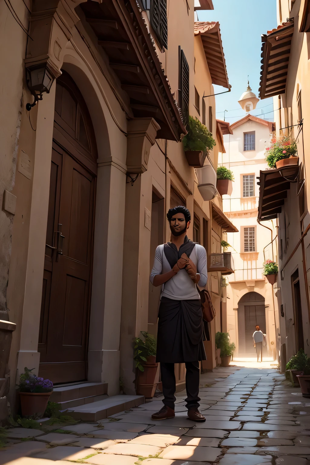 [Image Description: The image depicts a young man, Vikram, standing at the edge of a quaint, old-fashioned town square. The cobblestone streets are still damp from the morning dew, and the soft light of dawn casts long shadows across the historic buildings. Vikram's expression is one of determination and longing as he gazes into the distance, his eyes searching for something or someone amidst the quiet charm of the old city. Behind him, the facades of ancient buildings rise up, their weathered walls hinting at the secrets they hold within. As Vikram embarks on his quest to find his beloved Sudha, the tranquil atmosphere of the old city fills the air with a sense of mystery and possibility.]