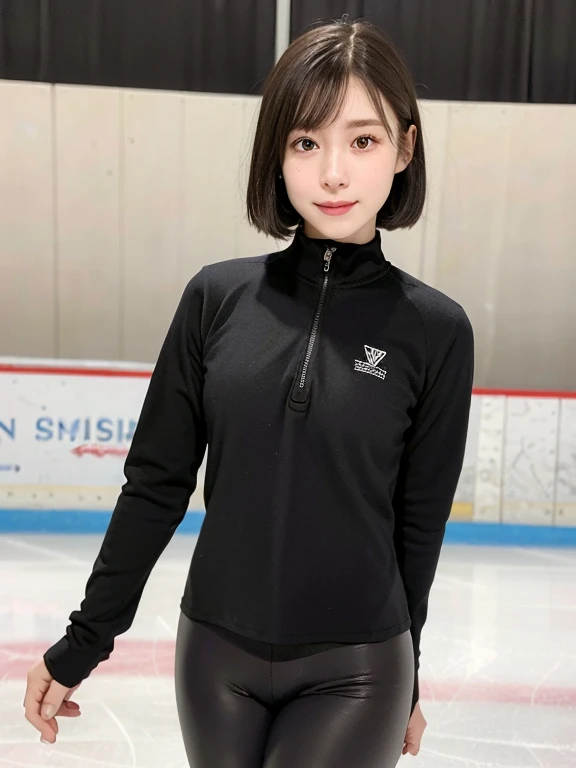 (kawaii 24 year-old Japanese girl, Nogizaka idol, Korean idol), healthy female figure skater, athletic body, (glossy black hair, messy very short hair, messy pixie cut, symmetric hair length, even length hair edges:1.3), (bangs), (extra rounded face, black eyes, single eyelid, no makeup, soft smiling:1.2), (wearing long sleeved black training half zip tops:1.3), (flat chest, extra small breasts:0.8), black sports leggings, (thigh gap), (looking at viewer:1.2), BREAK, (skating at ice skate rink, ice arena:1.3), (dynamic angle:1.3), thigh focus, BREAK, (masterpiece, best quality, photo realistic, official art:1.4), (UHD, 8K quality wallpaper, high resolution, raw photo, golden ratio:1.2), (shiny skin), professional lighting, physically based rendering, award winning, (perfect anatomy, highly detailed skin, extremely detailed face and eyes), Carl Zeiss 300 mm F/2.8, depth of field, 1girl, solo,