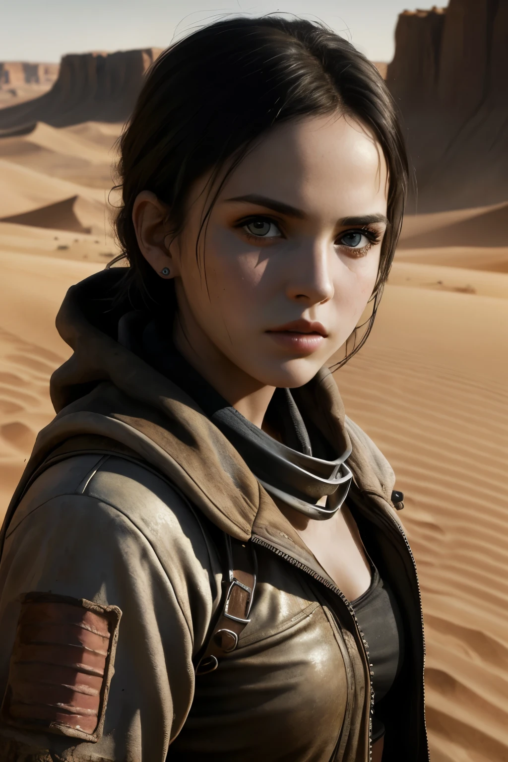 ((best quality)), ((masterpiece)), (detailed), perfect face, young girl, mad max worlds, arid desert