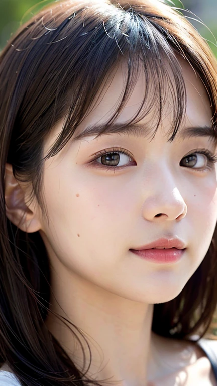 With the alleys of Kyoto in the background、18 year old girl、independent、facing forward、Light eye makeup、brown hair color、Flat 、hair blowing in the wind、quality of actress、shiny, super realistic face、smileの表情、Moist eyes、look up、calming lighting effect、 ultra-realistic capture、very detailed、High resolution 16K close-up of human skin。Skin texture must be natural、Must be detailed enough to see pores、skin is healthy、Must be even tone、Use natural light and color、High quality photos taken by a modeling agency'Exclusive photographer、smile
