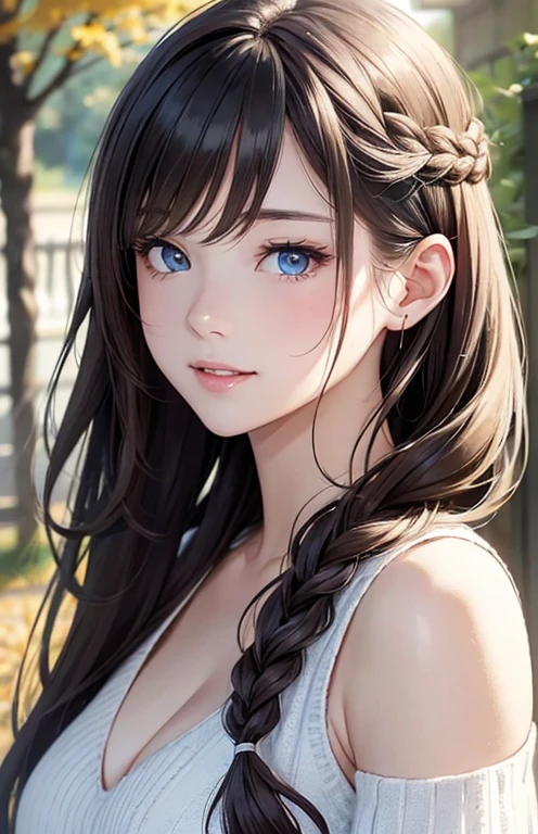 masterpiece、highest quality、High resolution、high quality images、8K, 1 female、skin luster、Texture of skin and clothing、Expression of fine eyes、Shiny bright golden hair,Girl with long braided hair, Manga inspired by Lee Jong-suk, trending on deviantart, realism, Detailed manga style, manga art style, perfect line drawing, beautiful line drawing, digital manga art girl, K-POPアイドル, beautiful blue eyes, plump lips, Detailed gorgeous face, (cute smile), charm, innocent, Side view, (perfectly detailed face), (fine hands) photorealistic images, Depth of written boundary, medium long hairstyle, My bangs are parted , Corolla on the head , Loose, lightweight knitwear、Shoulder knitwear , show your shoulders , I can see the cleavage , autumn leaves , autumn leaves ,美しいautumn leaves,romanticism,