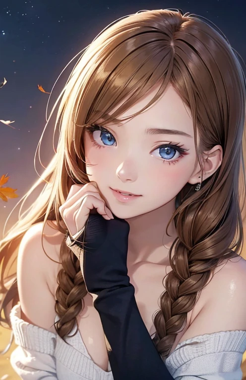 masterpiece、highest quality、High resolution、high quality images、8K, 1 female、skin luster、Texture of skin and clothing、Expression of fine eyes、Shiny bright golden hair,Girl with long braided hair, Manga inspired by Lee Jong-suk, trending on deviantart, realism, Detailed manga style, manga art style, perfect line drawing, beautiful line drawing, digital manga art girl, K-POPアイドル, beautiful blue eyes, plump lips, Detailed gorgeous face, (cute smile), charm, innocent, Side view, (perfectly detailed face), (fine hands) photorealistic images, Depth of written boundary, medium long hairstyle, My bangs are parted , Corolla on the head , Loose, lightweight knitwear、Shoulder knitwear , show your shoulders , I can see the cleavage , autumn leaves , autumn leaves ，美しいautumn leaves，romanticism,