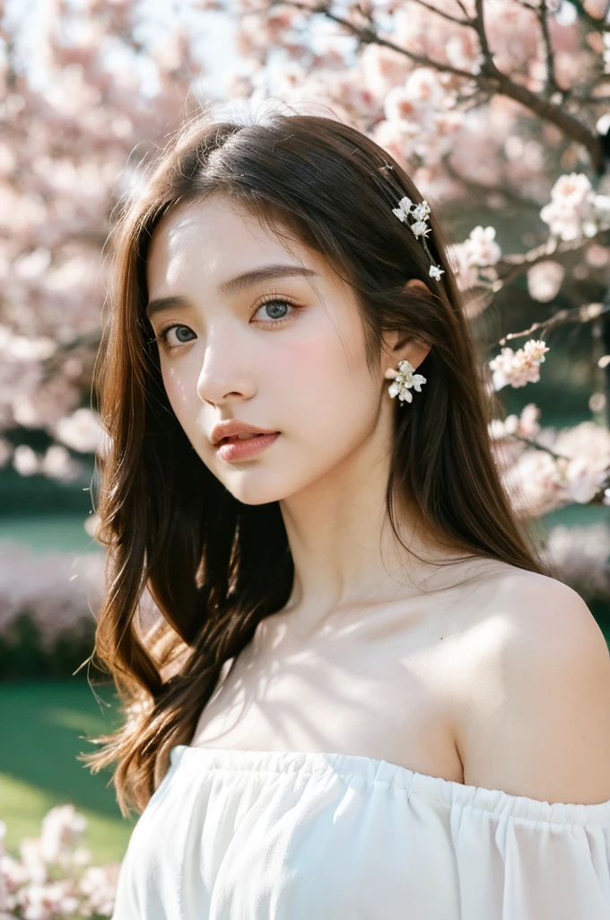 ( masterpiece, top quality, best quality,8k, girl,ultra detailed,raw photo:1.5),(photorealistic:1.4),(cinematic lighting), PerfectNwsjMajic, , Surrealism, UHD, ccurate, Super detail, textured skin, High detail, Best quality, dynamic angle, (high nose,White skin),[Beautiful blue eyes],[flat chest:large breasts:0.5],(1girl),(good anatomy:0.5)), white dress, off shoulder, blossom flower field, glowing skin,long hair