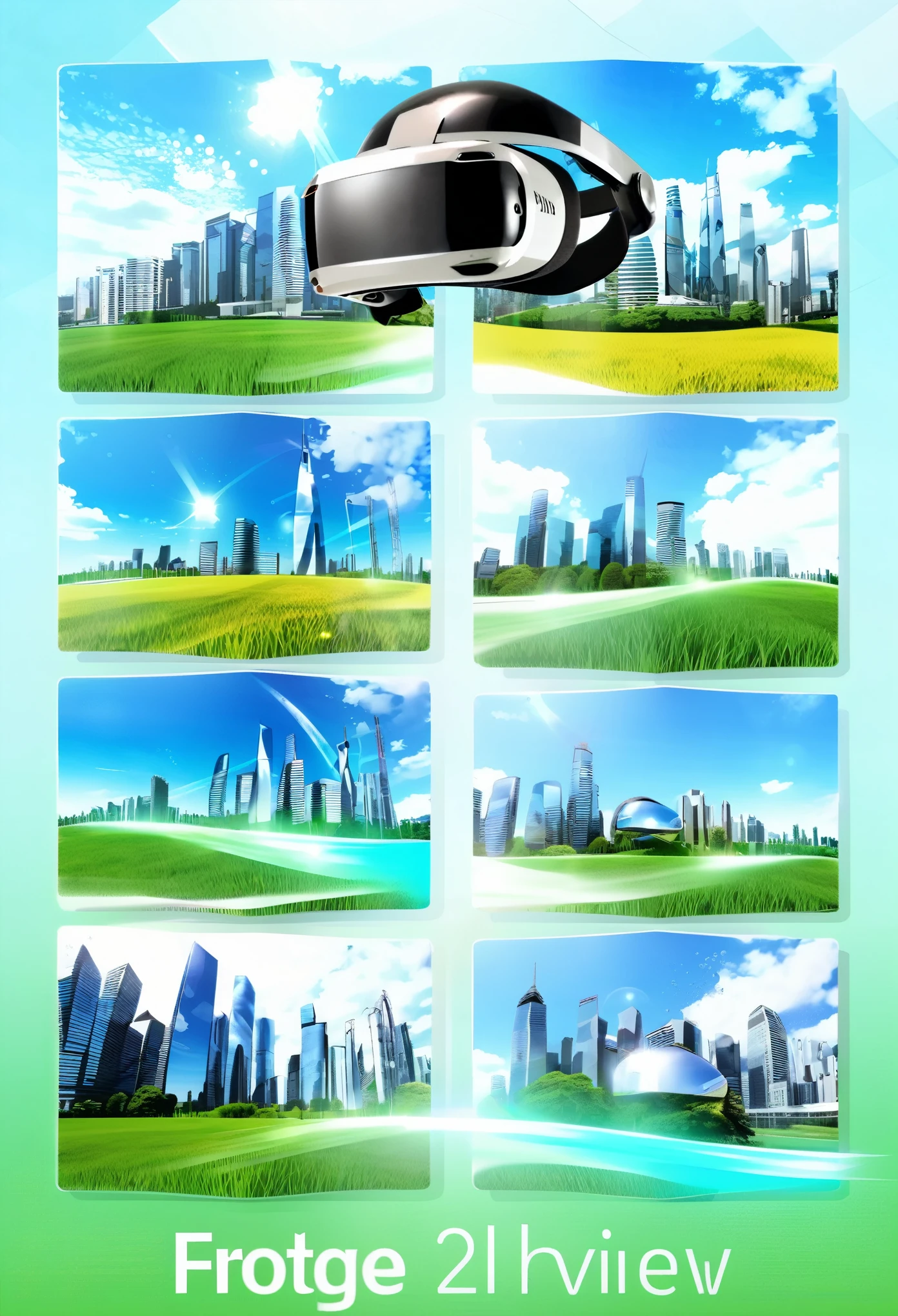 (best quality,4k,highres,masterpiece:1.2),ultra-detailed,(realistic,photorealistic,photo-realistic:1.37), Ad for virtual reality, Frutiger Aero aesthetic art with complex geometric 2D shapes, sunny blue sky, green field, futuristic background buildings, glossy material, virtual reality helmet, morphing water, Futuristic text font, English text, shades of white and blue, light background, highly detailed, 4K.