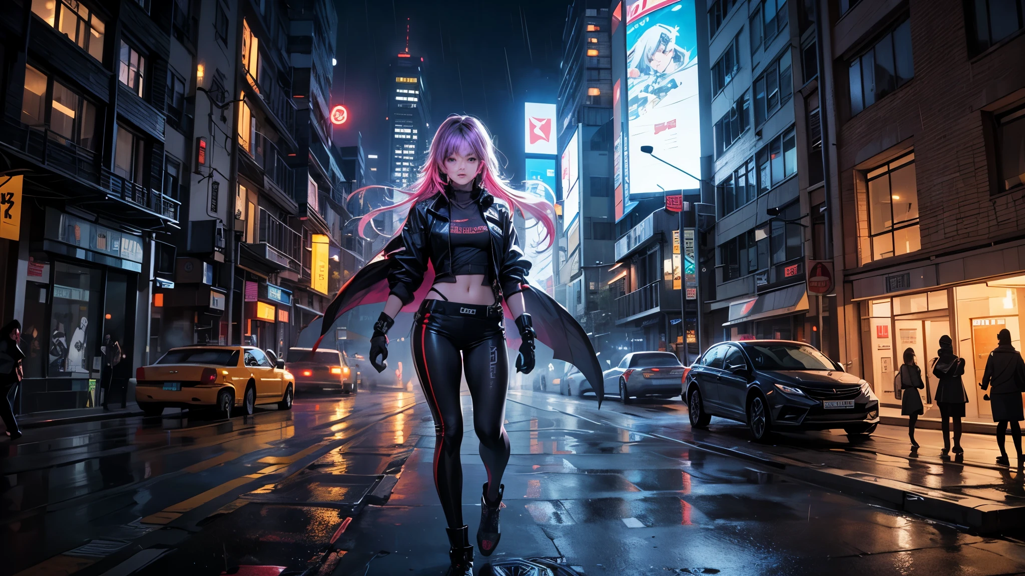 (best quality,4k,8k,highres,masterpiece:1.2),ultra-detailed,(realistic,photorealistic,photo-realistic:1.37),HDR,UHD,studio lighting,ultra-fine painting,sharp focus,physically-based rendering,extreme detail description,professional,vivid colors,bokeh,battle-hardened cyberpunk paladin,glowing cybernetic arm,plasma sword with a cross-shaped guard,neon-lit chaos,futuristic city,electric blue and vibrant purple color palette,illuminated skyscrapers,hovering drones,blurred streaks of flying vehicles,rebel graffiti on the walls,steampunk-inspired architecture,towering holographic billboards,explosive energy arcs,exotic plants with neon glow,pouring rain,reflective puddles,blinking street lights,foreboding atmosphere,smoke-filled alleys,technological implants,endless streaming data,city skyline disappearing into the night sky