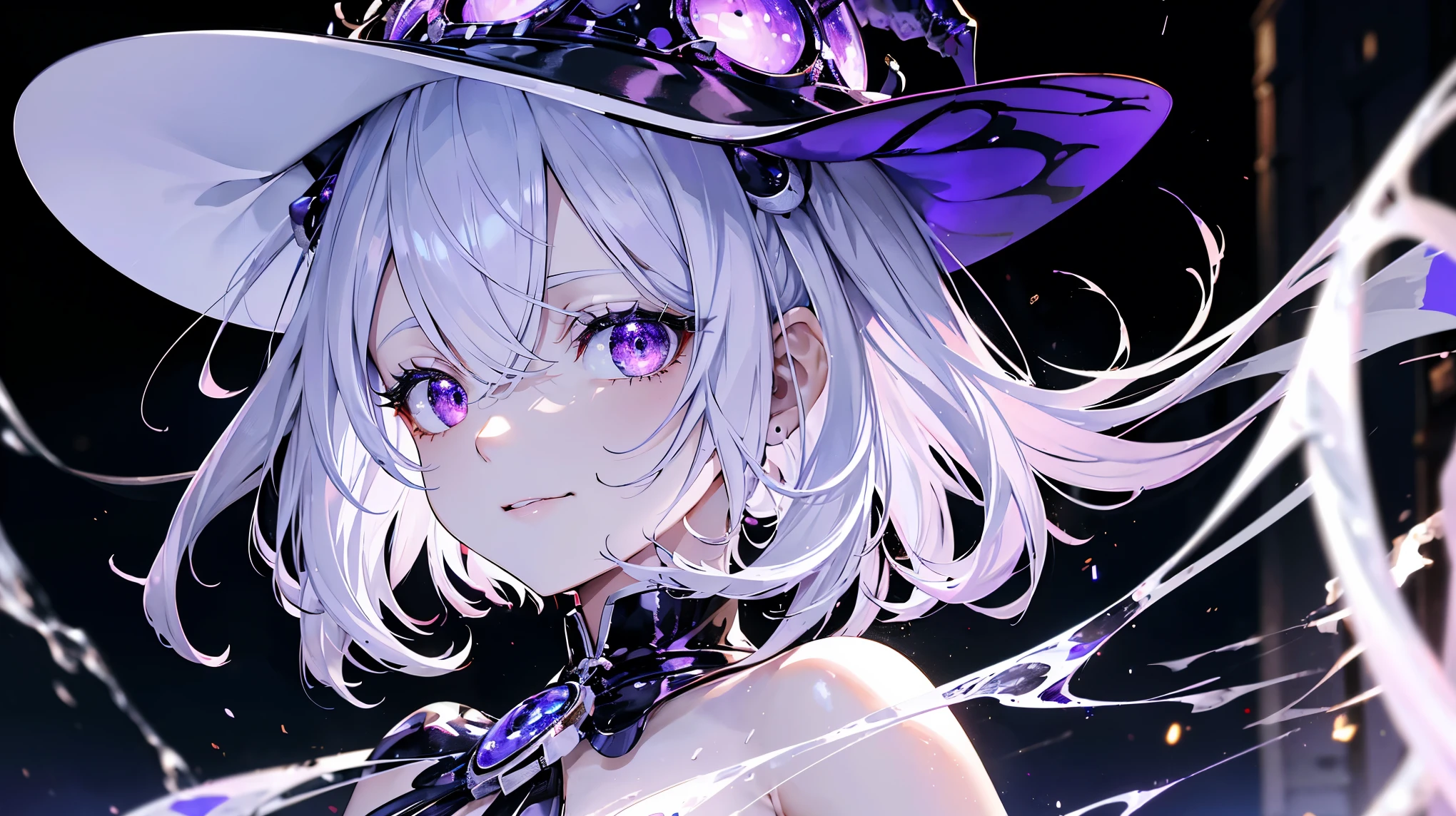 (masterpiece,best quality,ultra-detailed),1girl,smirk, insect body,(blood), (white body beetle creature), white (beetle creature body), beautiful and detailed face, detailed eyes,white and purple hair, glowing eyes,(grey theme),witch hat,hallowen outfit,in the street,night
