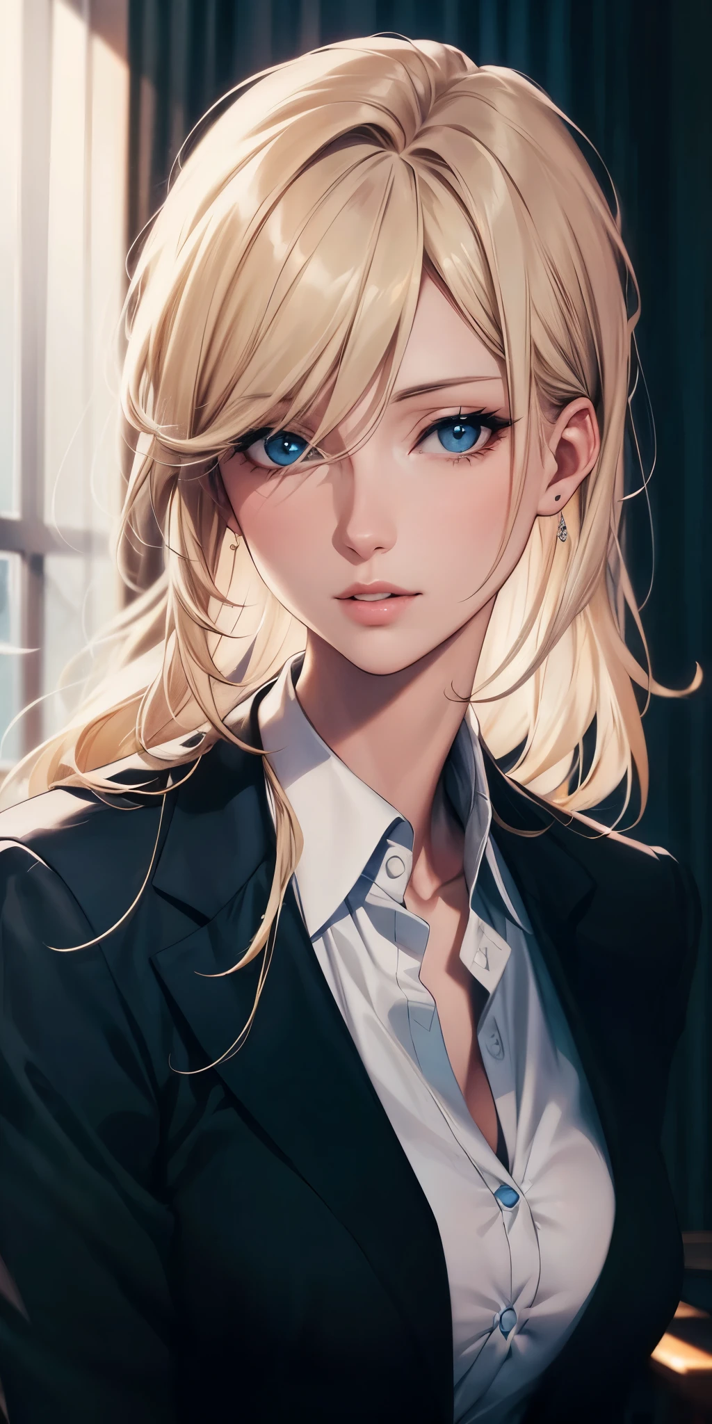 portrait, realistic, blue eyes, blonde hair, big breast, 4k resolution, high quality cg, beautiful cg, soft light,