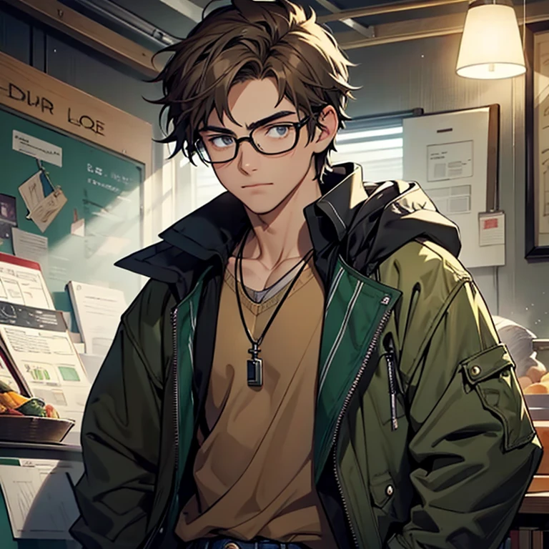 A handsome 16-year-old boy with messy light brown hair and wearing round, wide, thin black glasses;  he wears a green jacket over a white sweater with black pinstripes, blue jeans, and has a silver necklace around his neck.