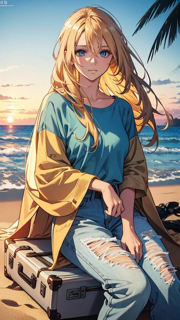 Sunset, deserted ocean shore. A beautiful golden-haired long-haired blonde  young woman with blue eyes is sitting on the sand on a deserted beach, she is dressed in jeans and a loose T-shirt, there is 1 large suitcase next to her. She is sad, her phone is lying next to her on the sand. (Best quality, classification, rating: 1.37),bright and saturated colors, Masterpiece, perfect image, realistic image, detailed study, full-length image, 8k, detailed image. an extremely detailed illustration, a real masterpiece of the highest quality, with careful drawing.