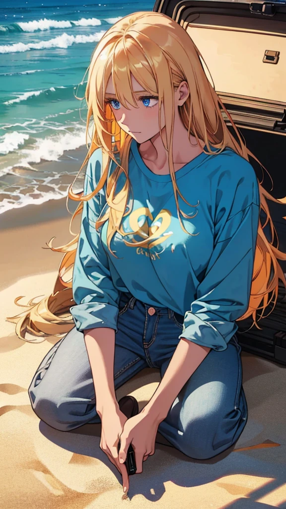 Sunset, deserted ocean shore. A beautiful golden-haired long-haired blonde  young woman with blue eyes is sitting on the sand on a deserted beach, she is dressed in jeans and a loose T-shirt, there is 1 large suitcase next to her. She is sad, her phone is lying next to her on the sand. (Best quality, classification, rating: 1.37),bright and saturated colors, Masterpiece, perfect image, realistic image, detailed study, full-length image, 8k, detailed image. an extremely detailed illustration, a real masterpiece of the highest quality, with careful drawing.