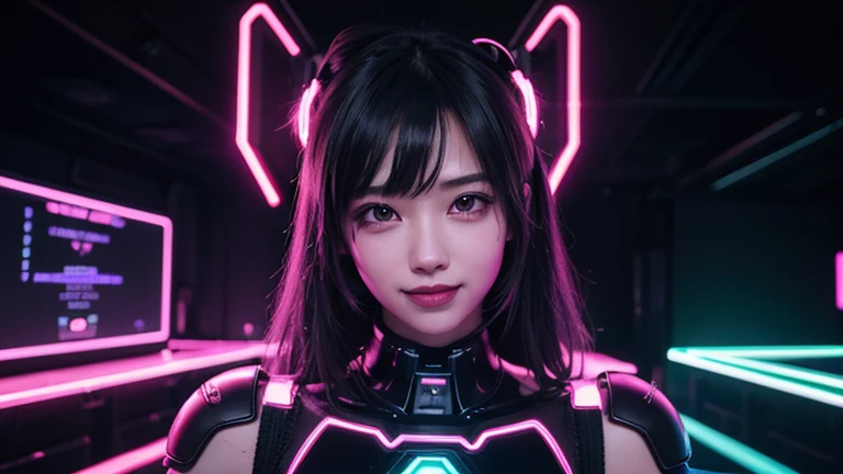 4K,1 girl,A charming smile, ライトブルー neon ,A female android is dancing, cyber punk, club music,dim lighting,cinematic lighting, neon signs,fc portrait, neon,cyber punk, futuristic ,EDM,Club Music,
