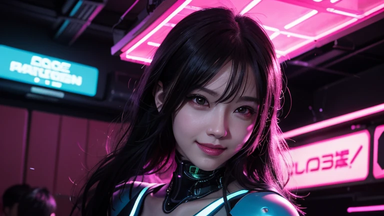 4K,1 girl,A charming smile, ライトブルー neon ,A female android is dancing, cyber punk, club music,dim lighting,cinematic lighting, neon signs,fc portrait, neon,cyber punk, futuristic ,EDM,Club Music,