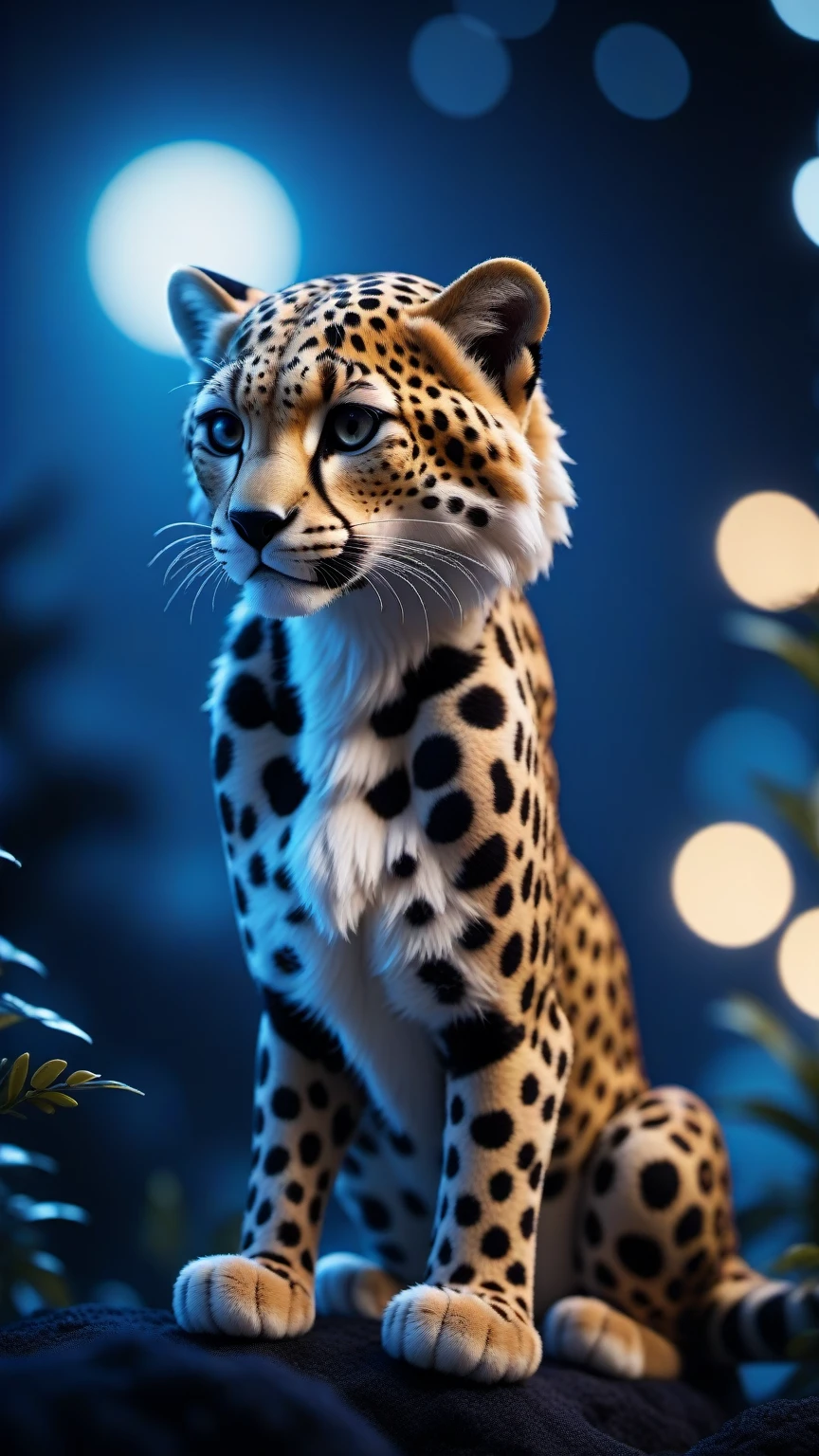 Cinematic photos (Artworks by Eyvind Earle:0.8) , Weird Core Plush Toys, Expose the infected "Can't fight the moonlight, No, You can't resist.", On cloudy days, Bokeh, Depth of field 100mm, Dark blue color palette, Cheetah Print Splash, art station . 35mm photo, Movie, Bokeh, professional, 4K, Very detailed
