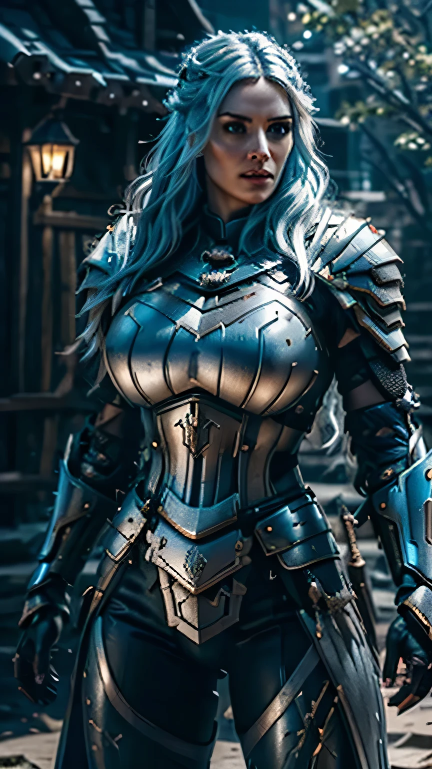 8K,asgard female warrior with very big breasts,Super beautiful(like the real thing),black very large chest armor,realistic skin,luxury black pants,Has a large, long black spear,sexy,muscular slim body,ripped abs,black shoulder armor,black waist armor,black leg armor,desert, rich colors, Backlight, cinematic lighting, film grain, RAW, 50mm lens,nikon D850,ultra high resolution,Super realistic,goddess,battle scene,action scene,action pose,shine a light on the face, long wavy blue hair, the Witcher, the Witcher armor, yennefer