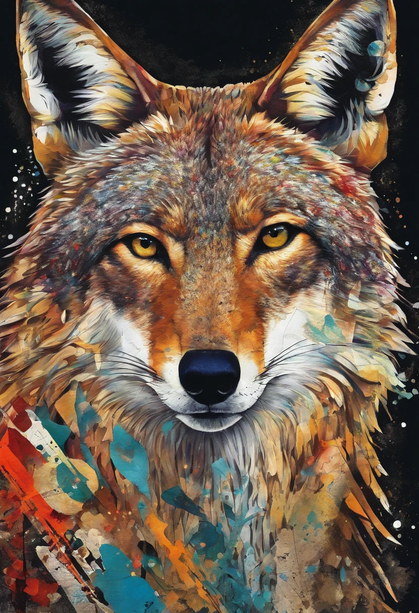 coyote, yeux malicieux, mouvement ::2 colorful ink painting ::2 art fantasy