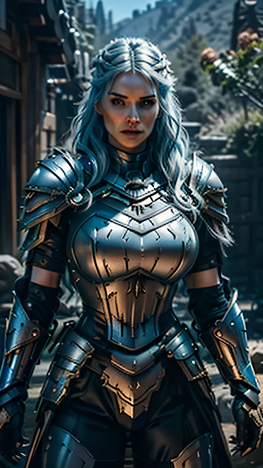 8K,asgard female warrior with very big breasts,Super beautiful(like the real thing),black very large chest armor,realistic skin,luxury black pants,Has a large, long black spear,sexy,muscular slim body,ripped abs,black shoulder armor,black waist armor,black leg armor,desert, rich colors, Backlight, cinematic lighting, film grain, RAW, 50mm lens,nikon　D850,ultra high resolution,Super realistic,goddess,battle scene,action scene,action pose,shine a light on the face, long wavy blue hair, the Witcher, the Witcher armor, yennefer