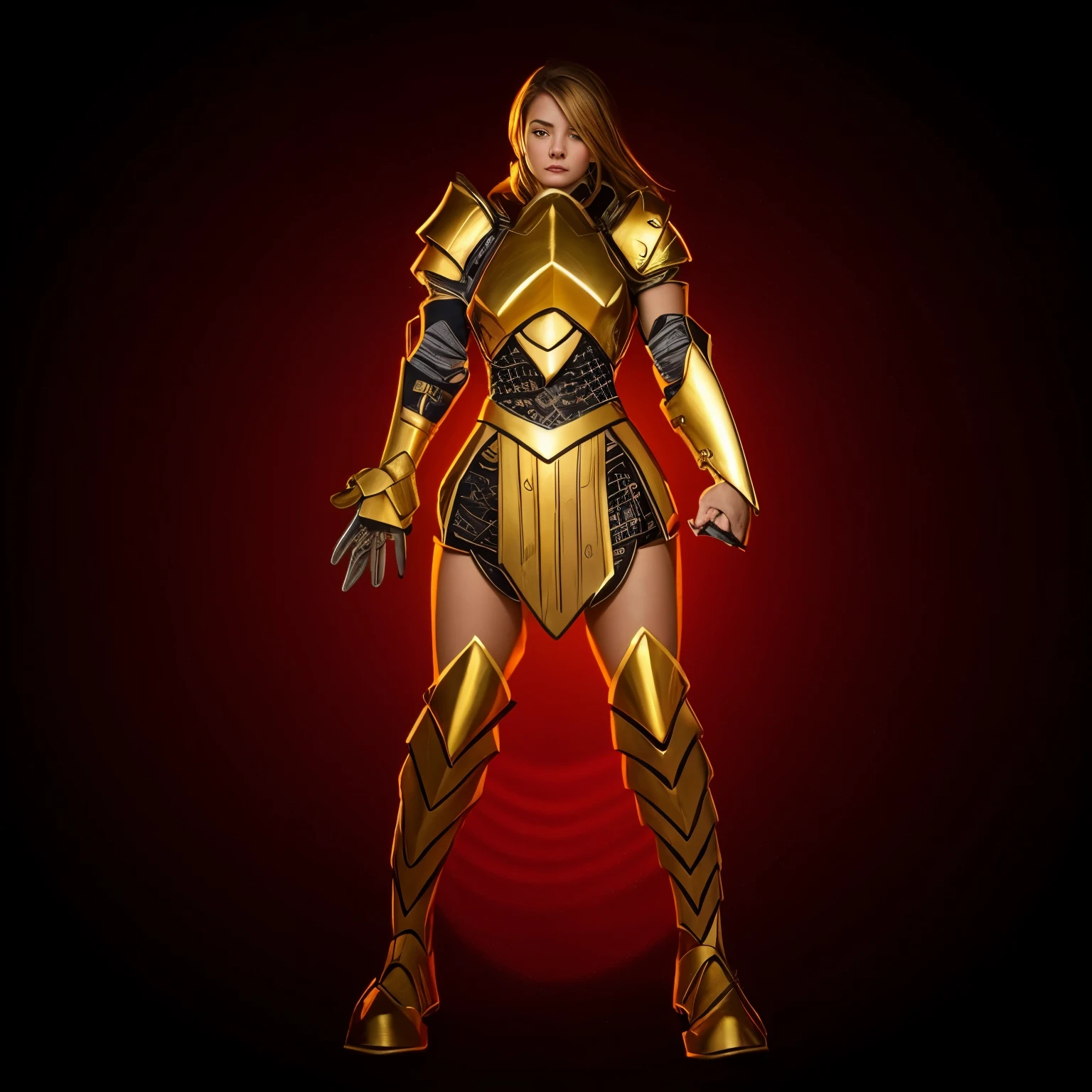A woman in a gold armor standing on a red background - SeaArt AI