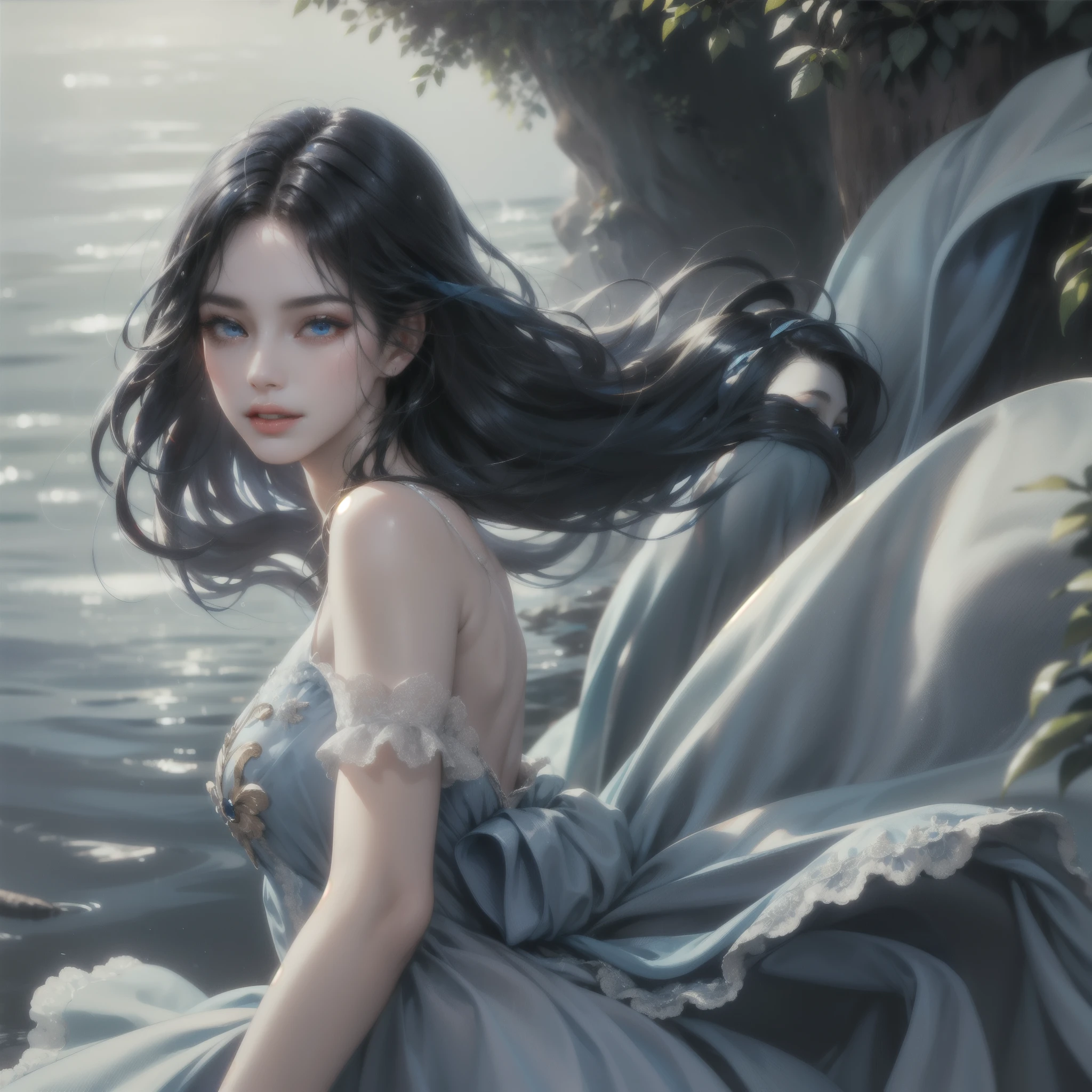absurderes, ultra-detailliert,bright colour,(in 8K:1.3),masuter piece,extremely beautiful detailed face and eyes, 25 years old,(Smooth straight black hair:1.3), (Shiny long hair:1.2),(Pattsun bangs:1.2) Delicate beautiful face, red blush、(Deep blue eyes:1 blue and white beuatiful dress :1.3), Natural Nice Spot, Detailed face, under the water, looking back at the camera.