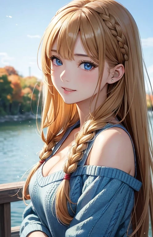 masterpiece、highest quality、High resolution、high quality images、8K, 1 female、skin luster、Texture of skin and clothing、Expression of fine eyes、Shiny bright golden hair,Girl with long braided hair, Manga inspired by Lee Jong-suk, trending on deviantart, realism, Detailed manga style, manga art style, perfect line drawing, beautiful line drawing, digital manga art girl, K-POPアイドル, beautiful blue eyes, plump lips, Detailed gorgeous face, (cute smile), charm, innocent, Side view, (perfectly detailed face), (fine hands) photorealistic images, Depth of written boundary, shoulder length hairstyle, My bangs are parted , Corolla on the head , Loose, lightweight knitwear、Shoulder knitwear , show your shoulders , I can see the cleavage , autumn leaves , autumn leaves ，美しいautumn leaves，romanticism,