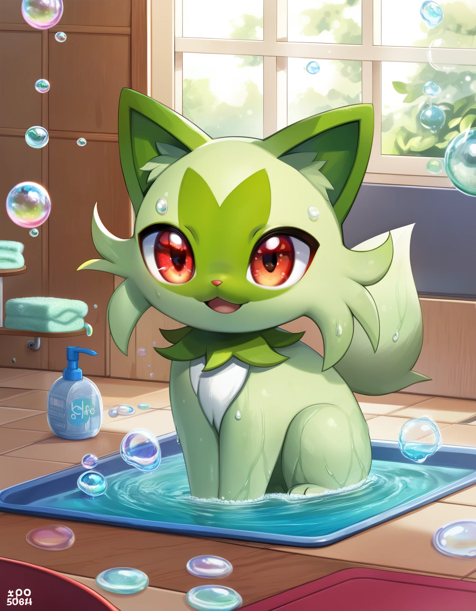 score_9_up, score_8_up, score_7_up, source_anime, (masterpiece, perfectly detailed, detailed face, detailed eyes, beautiful eyes), PokeMaster_PS, pikachu_pokemon, sprigatito_pokemon, no humans, pokemon (creature), red eyes, bubble, soap bubbles, wet, :<, cat, water drop, closed mouth, tiles, indoors