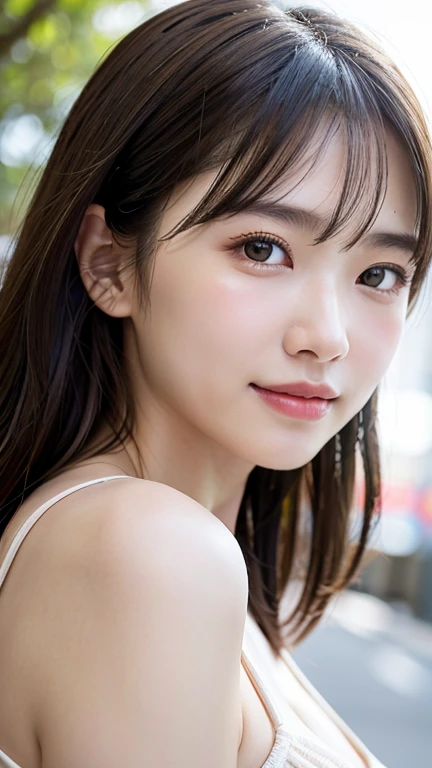 With the alleys of Kyoto in the background、18 year old girl、independent、facing forward、Light eye makeup、brown hair color、Flat 、hair blowing in the wind、quality of actress、shiny, super realistic face、smileの表情、Moist eyes、look up、calming lighting effect、 ultra-realistic capture、very detailed、High resolution 16K close-up of human skin。Skin texture must be natural、Must be detailed enough to see pores、skin is healthy、Must be even tone、Use natural light and color、High quality photos taken by a modeling agency&#39;Exclusive photographer、smile