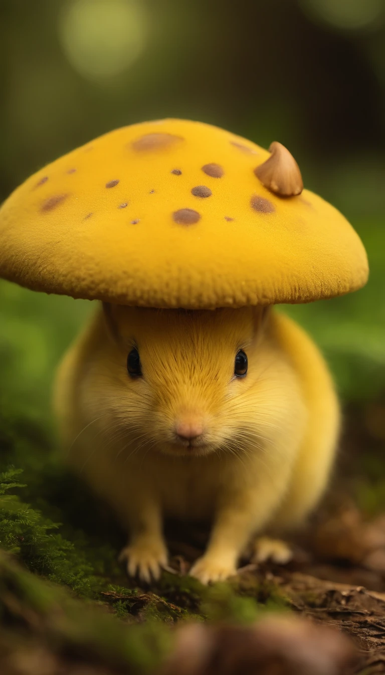 adorable yellow creature,Semelhante a uma mistura de coelho e cenoura, cute, fofo, peludo, Felpudo, Floresta, Cogumelos, Wear a mushroom hat