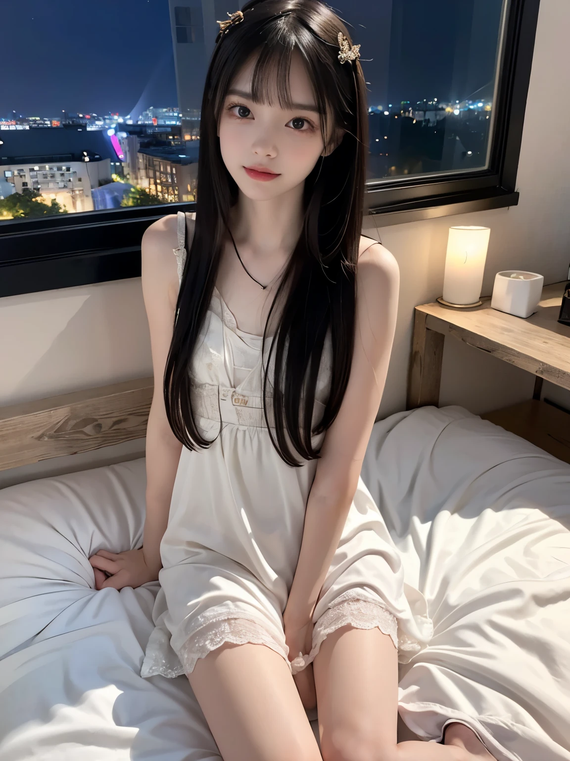 8K, Raw photo, Realistic, (Detailed skin, Best Quality:1.2), ((Full body shot)), ((Small chest:1.4, flat chest:1.4)), (:1.2, Fairer skin, petite body), Japanese teenage gight brown long hair, Wavy Hair, short bangs), (White lace bra, white lace panties), sitting on the bed, showing crotch, Studio Lighting