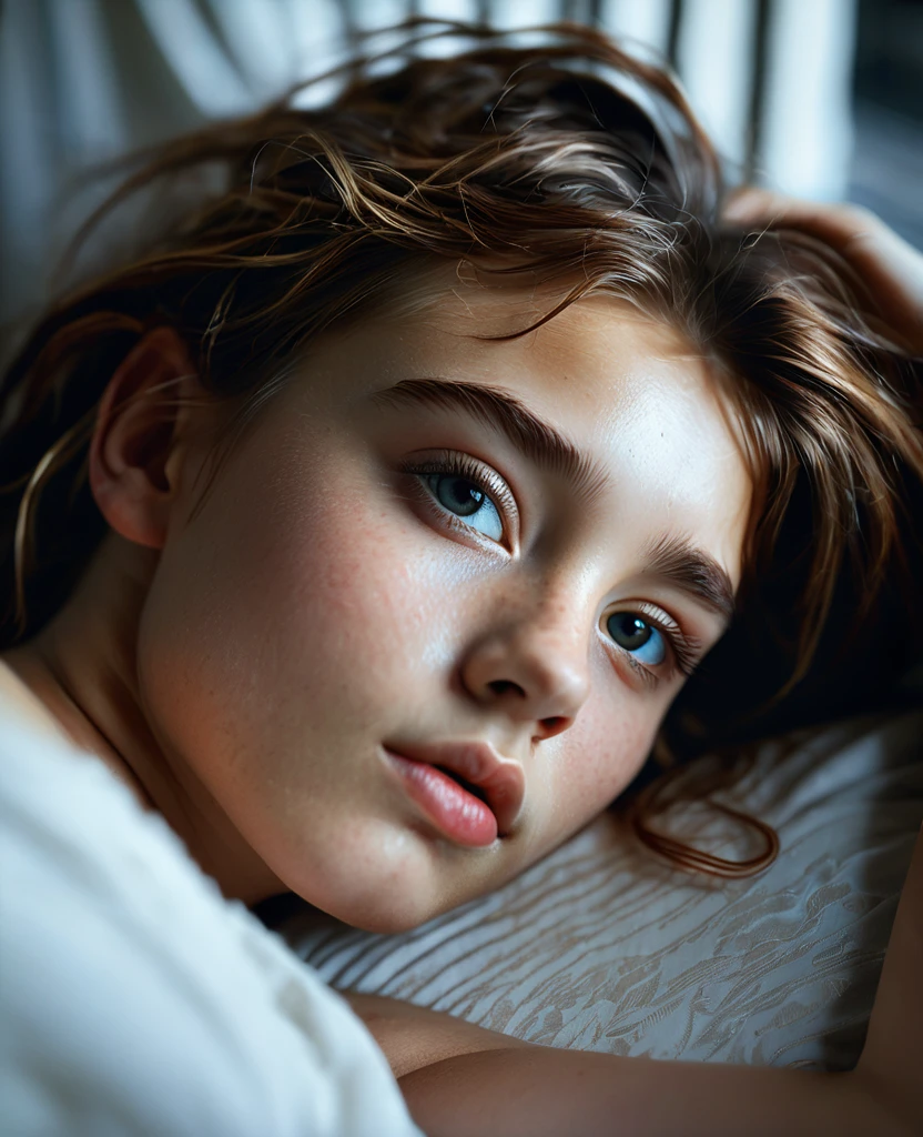 une fille 18ans seulement, peau blanche, brune cheveux longs, yeux marrons, hypoplasie, pas de seins, taille 1m70, jambes fines, shoulders, lying down, sur le lit, sur le ventre , nue, sans sous vêtements, chambre, moquette, chef-d'photorealistic work, realism, realism, photorealistic realism, High contrast, photorealistic digital art trends in Artstation 8k HD detailed realistic, detailed, super detailed, realistic, armature, best quality, super high resolution, (realism: 1.4),, high resolution, detailed, Photo brute, Pointu, par Lee Jeffries Nikon D850 film stock photographie 4 Kodak Portra 400 appareil photo F1.6 lentilles Couleurs riches Textures réalistes ultra-réalistes Éclairage spectaculaire UnrealEngine ArtStation CineStill 800 tendance,NSFW, Photo brute 8K, best quality