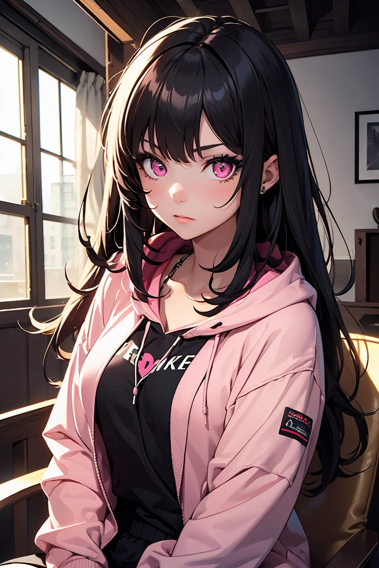 ((1 girl)), Sit down with Pétain, sick, Red eyes, Red cheeks, Dark My Room, latest trend clothes, Large blue neon hoodie, Street fashion,(cowboy shot) ,((Super detailed,highest quality, High resolution, 8k wallpaper, beautiful clothes,)),((black hair, long hair,straight hair)), expressionless face, eye shadow, eyeliner,Glow Eye, highly detailed eyes, clear eyes, beautiful eyes, ((shining pink eyes)), 18 year old girl.