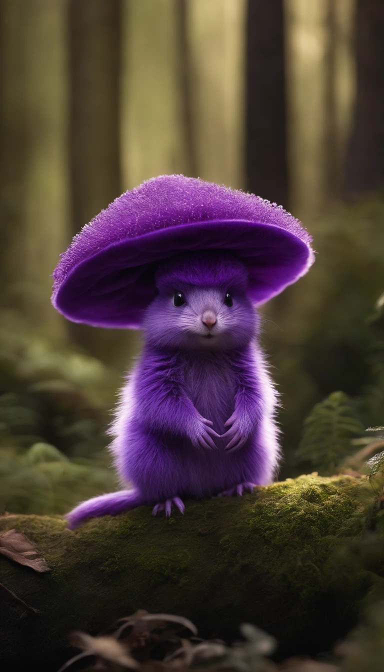 adorable purple creature，Semelhante a uma mistura de coelho e cenoura, cute, fofo, peludo, Felpudo, Floresta, Cogumelos, Wear a mushroom hat