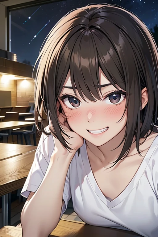 (nose blush:1.1),masterpiece, High resolution, High-definition CG Unity 8K,Beautiful and dense face, detailed hair texture, beautiful face,1 girl,(black eye),small breasts, (Very short、Shaggy brown hair), (at night),(embarrassing:1),(Troubled laughter:1.2),painful, grin:0.7,(White V Neck T-Shirt),shorts,(Lie down on the table),