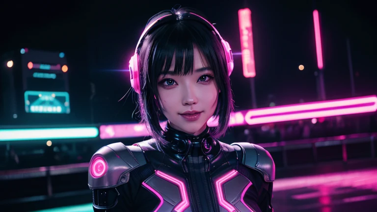 4K,1 girl,A charming smile, ライトブルー neon ,A female android is dancing, cyber punk, club music,dim lighting,neon signs,fc portrait, neon,cyber punk, futuristic ,blade runner,EDM,Club Music,