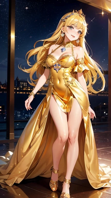 nsfw,masterpiece、highest quality、High resolution、high quality images、8K, 1 female、skin luster、skin texture、Expression of fine eyes、(Shiny bright golden hair:1.8),Girl with long braided hair, realism, Detailed manga style, manga art style, perfect line drawing, beautiful line drawing, digital manga art girl, (beautiful golden eyes:1.5), Clear, beautiful eyes、plump lips, Detailed gorgeous face, (cute smile), charm, Front view, (perfectly detailed face), (fine hands) 、photorealistic images, Depth of written boundary, Princess hairstyle, Princess、Corolla on the head , face forward , night sky , night view ,beautiful starry sky , romanticism、(Princess' gorgeous golden dress:1.5)、(medium breasts:1.5)、smile、blush、princess tiara、Fluffy blonde、Gorgeous blue sparkling earrings、Gorgeous gold bracelet、Gorgeous gold anklets、(Gorgeous gold thin nipple rings:1.3)、Palace balcony、Nadia: The Secret of Blue Water Necklace、(oblong face:1.5)、(Sparkling Glitter:1.2)、Cover your forehead with bangs、Bangs between the eyes、(full body:1.6)、(standing:1.3)、(portrait:1.0)、The chest is also visible