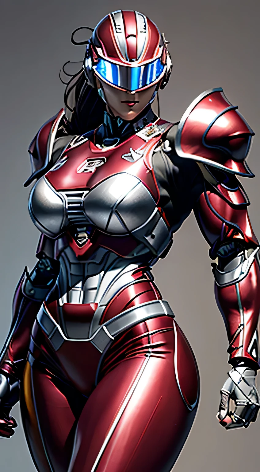 female robocop solo、bright outdoors、strong light source、8K, high quality, masterpiece, 最high quality、very detailed、Armor that completely covers the whole body、very large armor、Helmet covering the head、clear pictures、Eyes hidden by thin straight goggles:1.3、The lower half of the face is raw:1.5、The lower half of the face is exposed、luscious lips、Wine red and white metallic armor、Armor that completely covers the chest、thin and long legs、Vibrant posel body view,big and full breasts:1.5, (sports body:1.5)、five fingers、photos around town