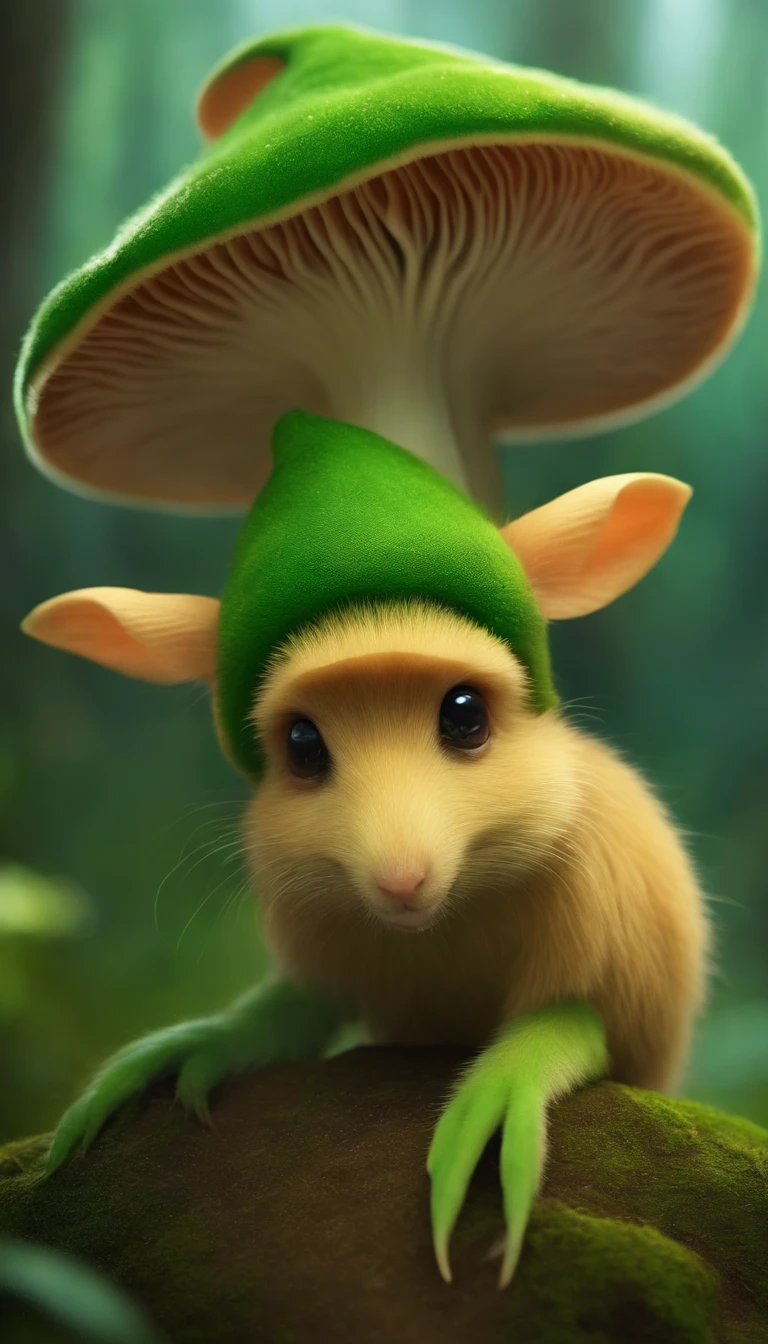 adorable green creature，Semelhante a uma mistura de coelho e cenoura, cute, fofo, peludo, Felpudo, Floresta, Cogumelos, Wear a mushroom hat