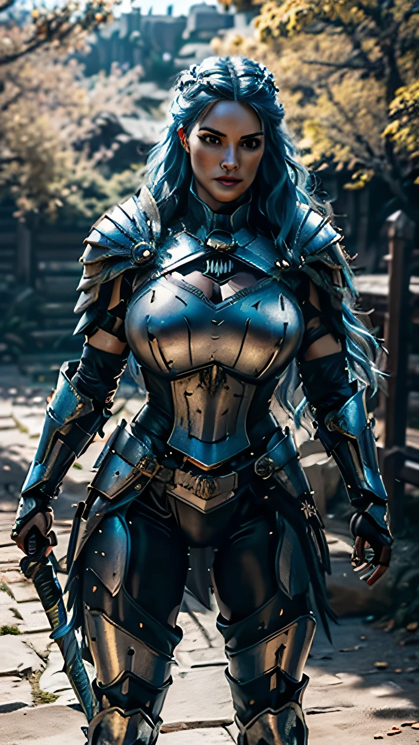 8K,asgard female warrior with very big breasts,Super beautiful(like the real thing),black very large chest armor,realistic skin,luxury black pants,Has a large, long black spear,sexy,muscular slim body,ripped abs,black shoulder armor,black waist armor,black leg armor,desert, rich colors, Backlight, cinematic lighting, film grain, RAW, 50mm lens,nikon D850,ultra high resolution,Super realistic,goddess,battle scene,action scene,action pose,shine a light on the face, long wavy blue hair, the Witcher, the Witcher armor, yennefer