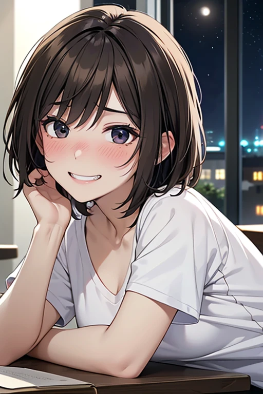 (nose blush:1.1),masterpiece, High resolution, High-definition CG Unity 8K,Beautiful and dense face, detailed hair texture, beautiful face,1 girl,(black eye),small breasts, (Very short、Shaggy brown hair), (at night),(embarrassing:1),(Troubled laughter:1.2),painful, grin:0.7,(White V Neck T-Shirt),shorts,(Lie down on the table),