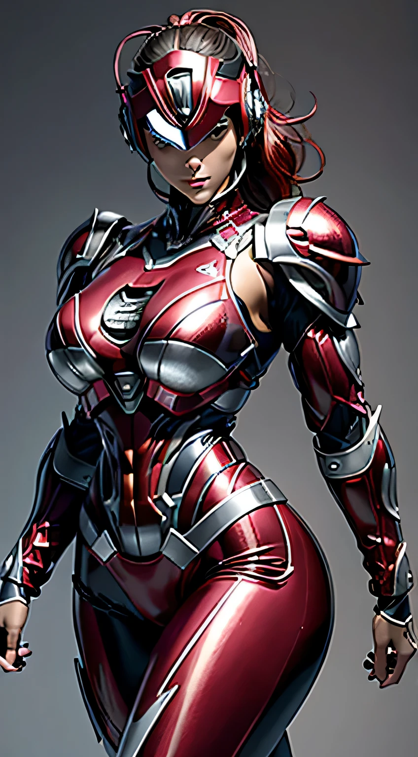 female robocop solo、bright outdoors、strong light source、8K, high quality, masterpiece, 最high quality、very detailed、Armor that completely covers the whole body、very large armor、Helmet covering the head、clear pictures、Eyes hidden by thin straight goggles:1.3、The lower half of the face is raw:1.5、The lower half of the face is exposed、luscious lips、Wine red and white metallic armor、Armor that completely covers the chest、thin and long legs、Vibrant posel body view,big and full breasts:1.5, (sports body:1.5)、five fingers、photos around town