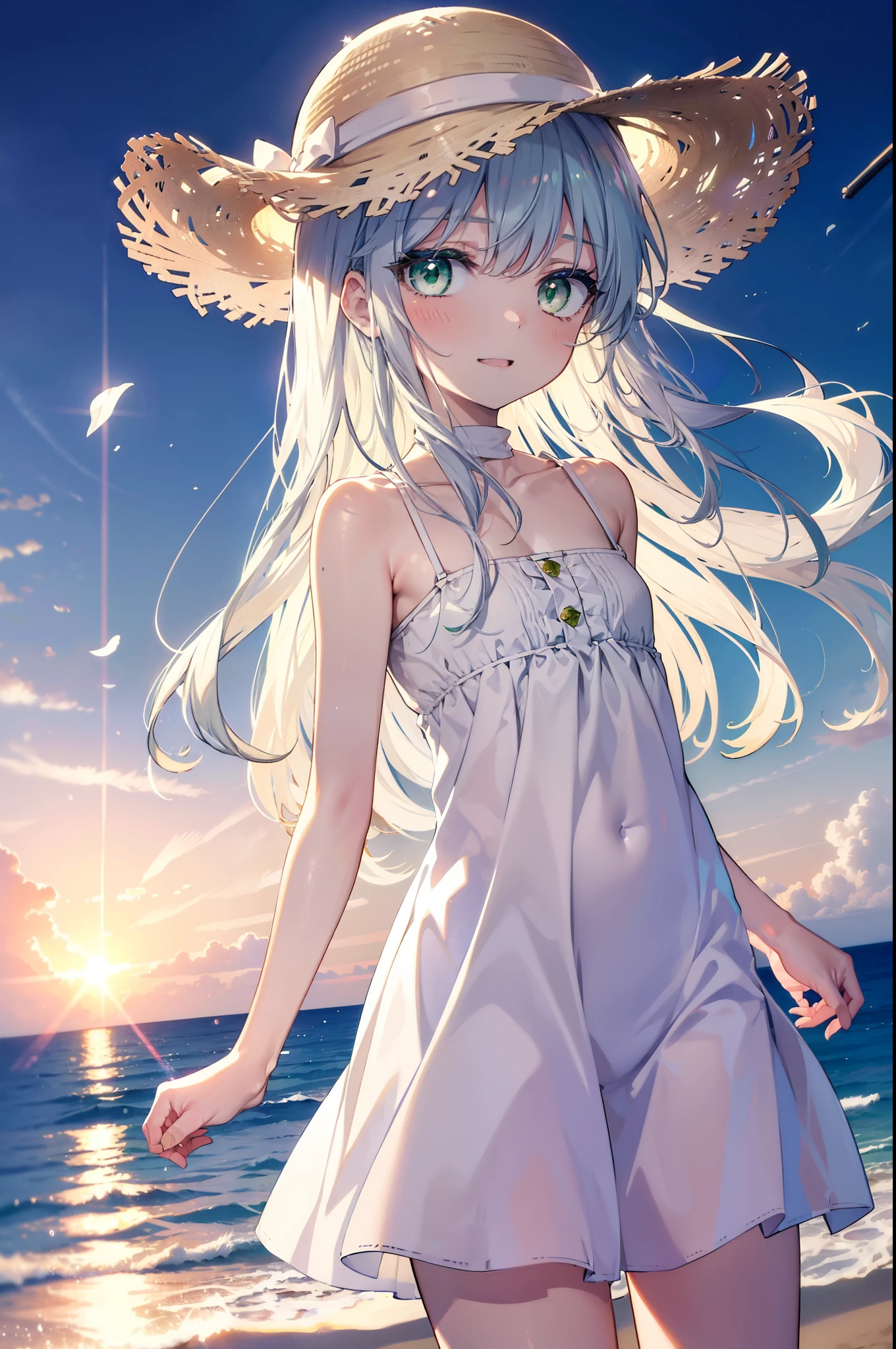 index, index, (green eyes:1.5), silver hair, long hair, (flat chest:1.2),straw hat,白色ロングskirt一体型ワンピース,barefoot,skirt,naked neck,bare clavicle,bare shoulders,bare arms,happy smile, smile, open your mouth,beachのsandy beachを散歩しながら、Silver hair fluttering in the breeze, sunset,evening,The sun is setting,
break looking at viewer, Upper body, whole body,(cowboy shot:1. 5)
break indoors, beach,sandy beach,
break (masterpiece:1.2), highest quality, High resolution, unity 8k wallpaper, (figure:0.8), (detailed and beautiful eyes:1.6), highly detailed face, perfect lighting, Very detailed CG, (perfect hands, perfect anatomy),