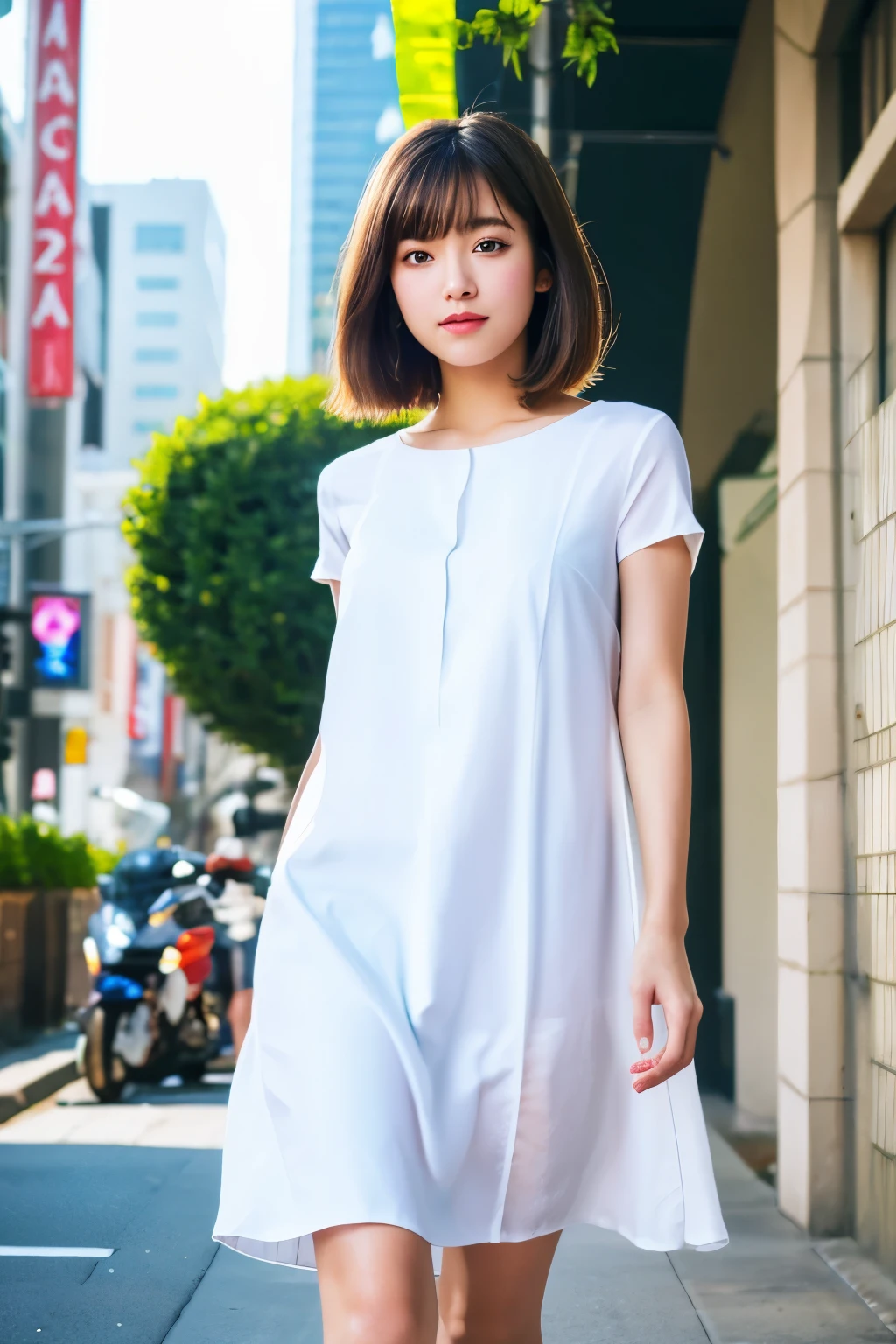 (Raw photo, highest quality), (realistic, Photo realistic: 1.3), highest quality, very detailed,8k RAW photo, highest quality, masterpiece, ultra high resolution, 3D, realistic, 1 girl, ((Beautiful woman walking in the city))、Walking towards the audience、((portrait))、japanese woman, serious face, black_hair,, ponytail,up hair,short hair, natural skin texture, light brown_eye, detailed eyes and face, lips, lipstick, beautiful shoulders、beautiful feet, 、beautiful breasts、, (detailed background), white cami dress, thin fabric、、blurred background,short sleeve、whole body、bright white