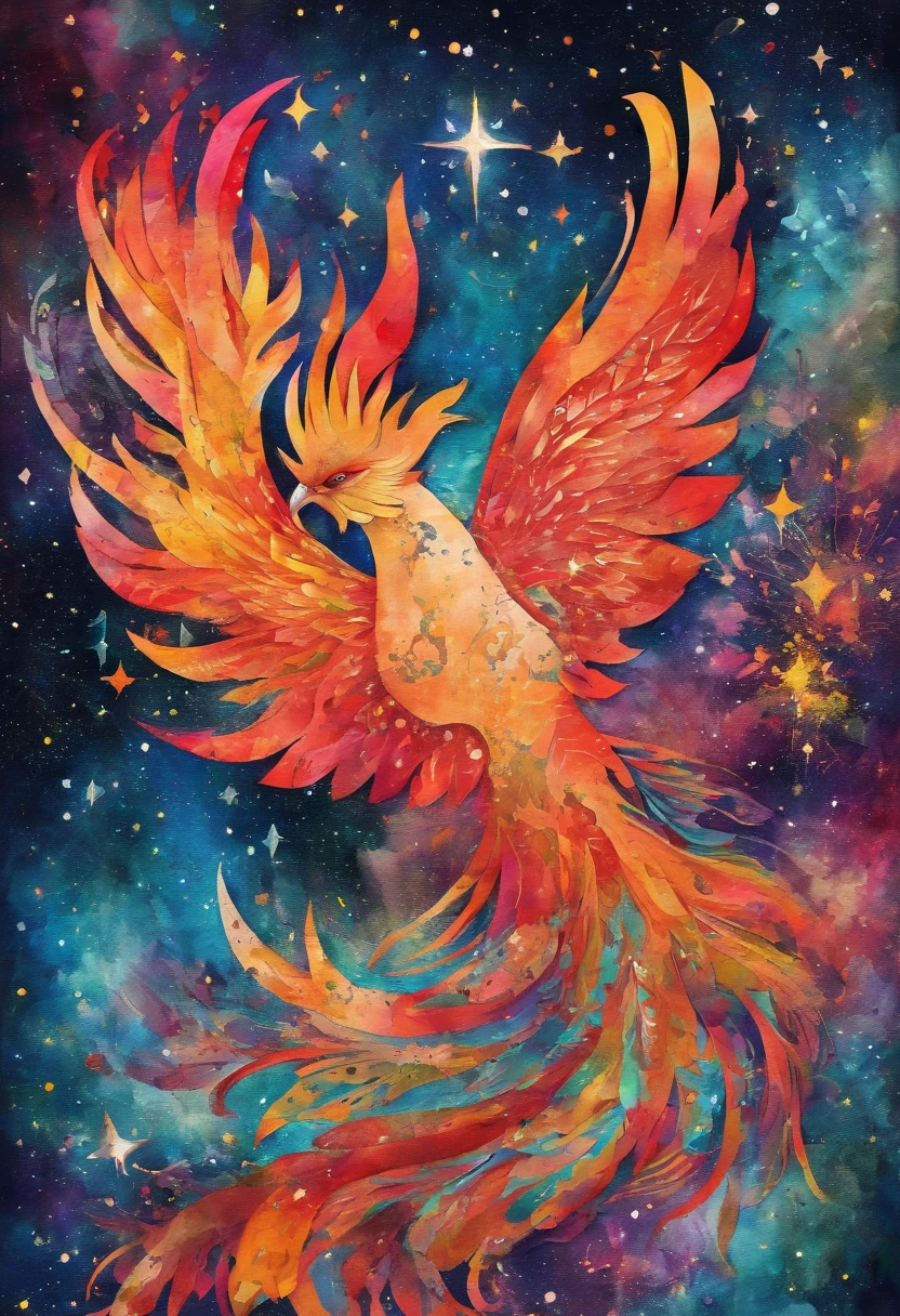 Phoenix flamboyant volant, Starry sky ::2 colorful ink painting ::2 art fantasy