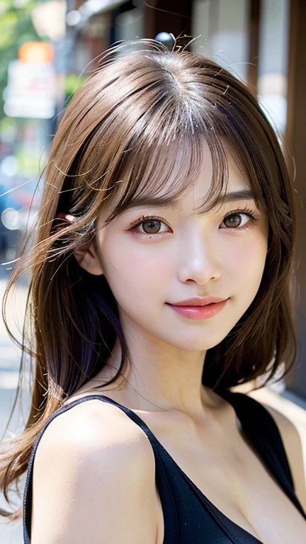 With the alleys of Kyoto in the background、18 year old girl、independent、facing forward、Light eye makeup、brown hair color、Flat 、hair blowing in the wind、quality of actress、shiny, super realistic face、smileの表情、Moist eyes、look up、calming lighting effect、 ultra-realistic capture、very detailed、High resolution 16K close-up of human skin。Skin texture must be natural、Must be detailed enough to see pores、skin is healthy、Must be even tone、Use natural light and color、High quality photos taken by a modeling agency'Exclusive photographer、smile