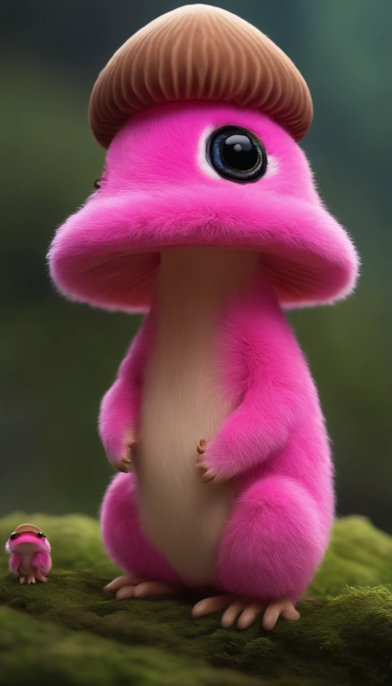 adorable pink creature,Semelhante a uma mistura de coelho e cenoura, cute, fofo, peludo, Felpudo, Floresta, Cogumelos, Wear a mushroom hat